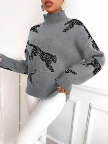 SHEIN Clasi Women's Leopard Pattern Loose Fit Drop Shoulder Stand Collar Sweater, Autumn/Winter - Grey - View 4