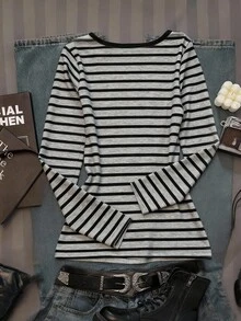 SHEIN EZwear 女士V领休闲条纹修身长袖T恤，机场通勤百搭 - 白色 - 查看 2