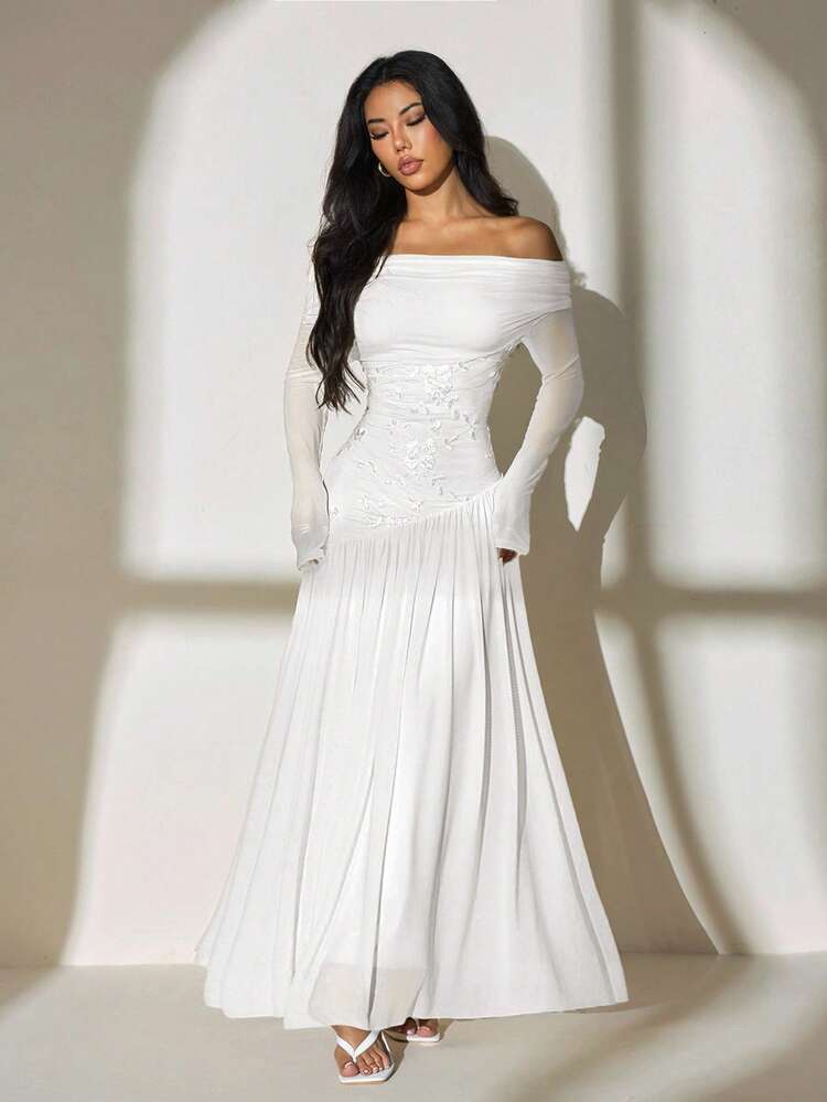 SHEIN PETITE New Style One-Shoulder Long-Sleeved Contrasting Mesh Embroidery Asymmetrical Hem Splicing Super Long High Elastic Slim Dress Elegant And Romantic,Wedding Guest Dress Women White Elegant Dresses White Engagement Dress White Church Dress White Dress With Sleeves White Formal Evening Gown,Dresses For Women Elegant,New Year Dress ,Elegant Party Dresses - White - View 1