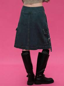 COUREZ Zip Front Indigo Rinse Low Waist Midi Denim Cargo Skirt /Y2K Going Out Outfits Fall Women Clothes Fall Clothes Holiday Cute Winter Clothes For Women