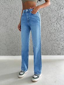 SHEIN Cottnline Women's Casual Versatile Washed Straight-Leg Jeans - Blue - View 3
