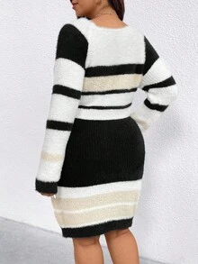 Juhart Plus Size Women Contrast Stripe Knit Elegant Dress Autumn Winter