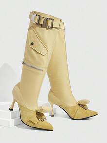 Daringsoles Giày bốt cao đến đầu gối sang trọng, chi tiết khóa cài, mũi nhọn, gót giữa, khóa kéo, túi bên hông, phong cách tiện dụng, thời trang thu đông, giày dự tiệc tối - Màu Khaki - Xem 1