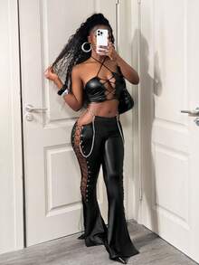 BamGleam Damen Herbst PU elastische sexy Punk Schnürung Hose