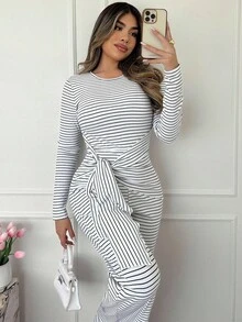 Xyvia Macacão longo feminino, listrado, justo, com cintura fina e dupla face, elegante e confortável para festas e uso diário, outono/inverno