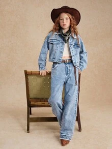 Bộ đồ denim hai mảnh cho bé gái tuổi teen, Bộ đồ denim thiết kế tua rua thời trang thường ngày đa năng, Thích hợp mặc hàng ngày, đi học, trở lại trường, chụp ảnh, du lịch và nhiều hơn nữa - Rửa trung bình - Xem 4