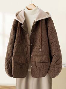 Linhara Plus Size Women Long Sleeve Single-Breasted Drawstring Hooded Casual Winter Jacket - Coffee Brown - View 1