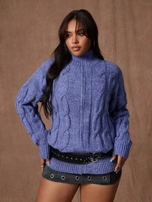 Rustia Chaqueta de punto con cremallera de talla grande, corte holgado, nueva llegada de otoño/invierno - Azul - Ver 8