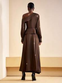 Zivah Elegant Autumn Shades Of Brown Ruffle Asymmetrical Shoulder Long Sleeve Top And Long Skirt 2-Piece Set,Women's Thanksgiving Dining Party Outfit - Brown - View 2