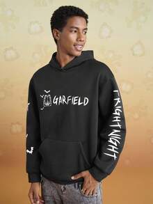 GARFIELD | SHEIN Sudadera con capucha casual de hombre con estampado de letra y gato, otoño - Negro - Ver 5