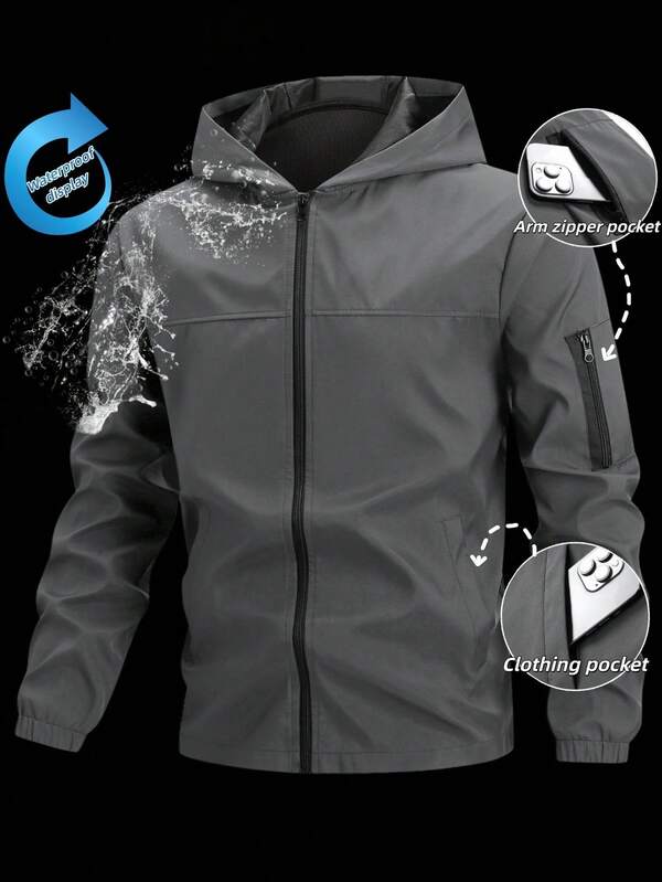 Manfinity Homme Chaqueta cortavientos con capucha de manga larga de tela gris claro para hombre, para deportes y actividades al aire libre, chaqueta con capucha impermeable, chaqueta de ropa técnica, otoño