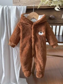 SHEIN Vintaside Kids Newborn Simple Stylish Cute Embroidered Bear Long Sleeve Romper Pajamas - Brown - View 1