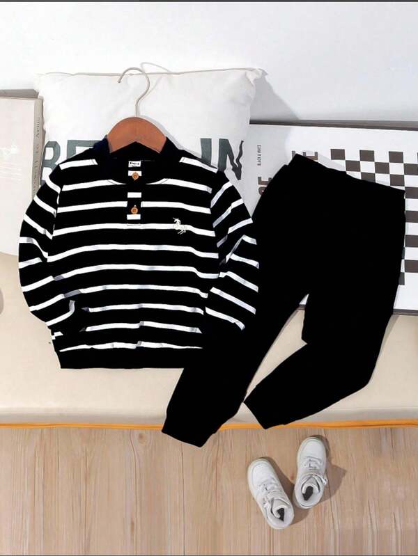 SHEIN Genkimix Kids 2pcs/Set Boy Casual Sports Collegiate Cute Vacation Blue & White Striped Long Sleeve Sweatshirt And Pants Set, Suitable For Daily Wear, School, Travel, Sports, Spring/Summer