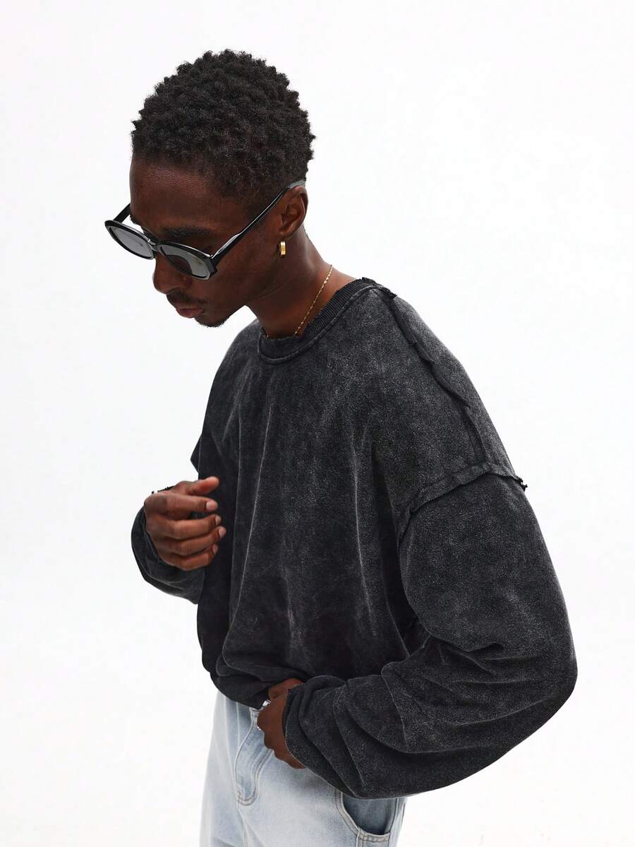 SUMWON Vintage Style Acid Wash Cotton French Terry Sweatshirt Mineral Washed Oversized Casual Autumn Winter Distressed Raw Edge