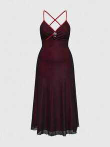 ROMWE Váy lưới kim loại mặt thánh giá Gothic cỡ lớn - Màu Đỏ Sâu - Xem 1