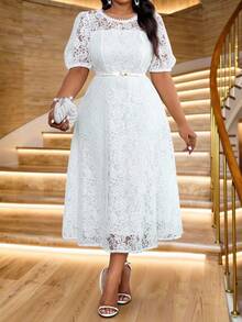 Fleurora 春夏优雅通勤办公室派对情人节鸡尾酒会演唱会/音乐节白色针织蕾丝圆领喇叭泡泡袖荷叶边领中长短袖大码连衣裙大码女式圆领泡泡袖蕾丝优雅连衣裙女士连衣裙优雅优雅女士连衣裙白色连衣裙优雅优雅的新娘母亲婚礼礼服女士优雅服装优雅连衣裙优雅连衣裙 - 白色 - 查看 5