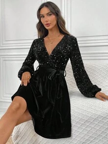 EMERY ROSE Women's Elegant Sequin Patchwork V-Neck Lantern Sleeve Mid-Length Dress, Autumn - Black - View 1