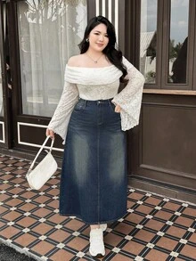 Rivivi Spring Plus Size Women Blue Denim Tight-Fitting Skirt, Non-Stretchy, Cowgirl Style Spring