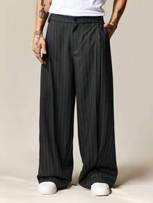 ROMWE MEN Pantalones anchos y sueltos con estampado de rayas casuales para hombres, adecuados para uso diario, el trabajo y el transporte, otoño - humo gris - Ver 5
