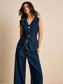 Women Denim Two-Piece Outfits - Dark Washed Blue - View 4