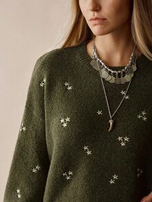 Florisole French Paris Style Casual Star Pattern Pullover Sweater - Green - View 3