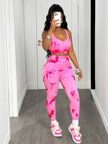Slaydiva Women's Seamless High Stretch Tie Dye Sports Set (Random Print), Crisscross Back Tank Top And Skinny Casual Yoga Pants Workout Women Setwomen Workout Set Women Leggings Set Gym Women Outfit - Pink - View 5