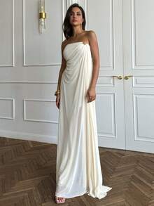 SHEIN BAE Váy màu mơ thanh lịch với viền xếp nếp, nút trang trí bằng kim loại, không dây, phù hợp cho mùa thu, váy dạ hội gợi cảm cho buổi hẹn hò, sinh nhật, tiệc hộp đêm, Halloween, Giáng sinh, dịp trang trọng - Màu be - Xem 5