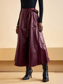 Zivah 2025 秋冬新品，音乐节，毕业季，学院风，学生装，日常休闲，度假，海滩，街头风，通勤优雅，腰带口袋PU皮裙，酒红色 - 酒紅色 - 查看 3