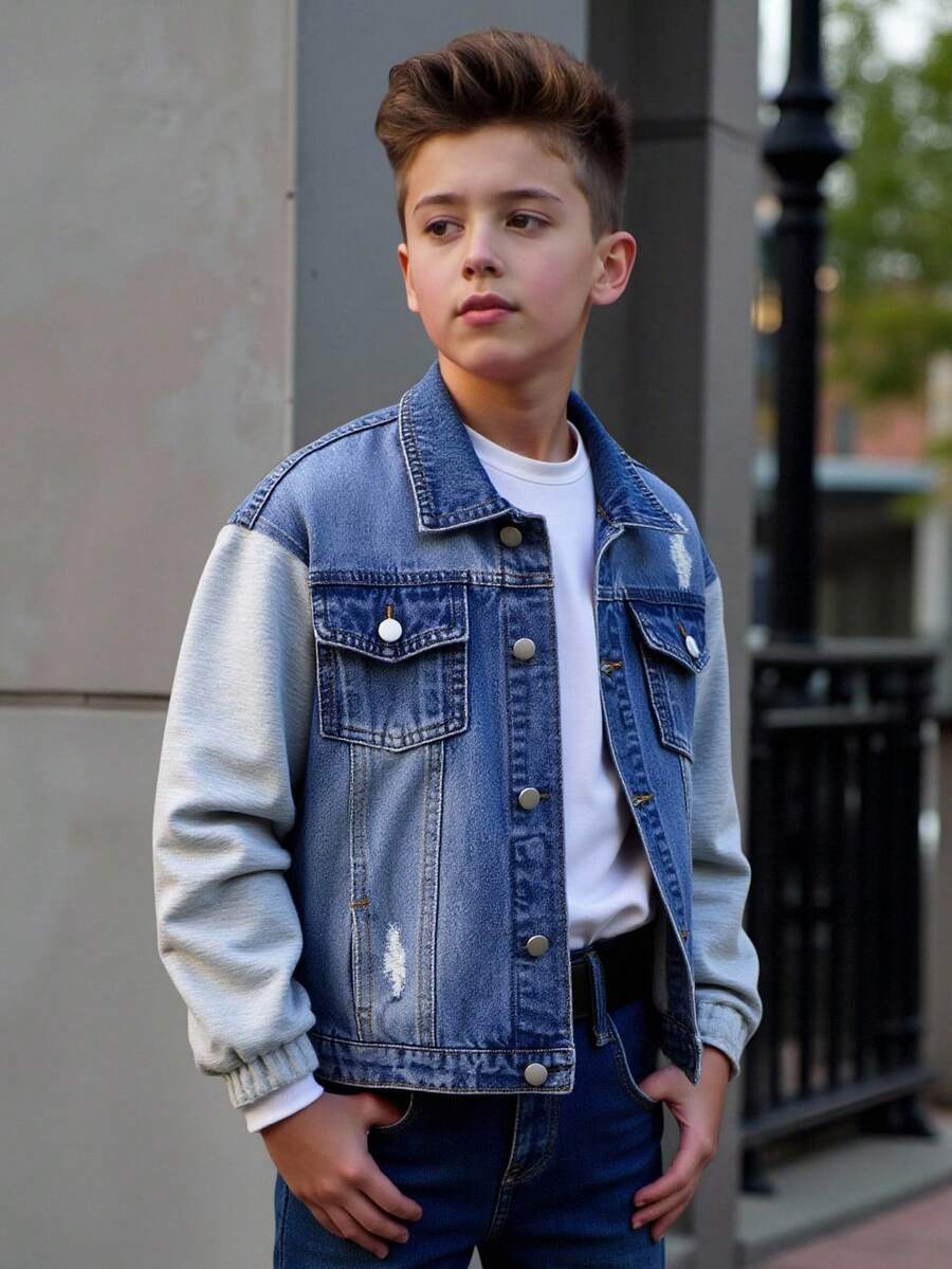 Tween Boys Denim Jacket 2-Piece Boys' Casual Washed Denim Jacket And Coat, Versatile Street Style Essential For All Seasons  Kids Jeans Jacket Kids Denim Jacket Boys Jean Jacket Boys Jackets Fall Winter - Medium Wash - View 1