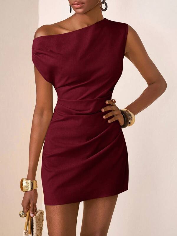 Zivah 2025 Spring/Summer New Music Festival, Easter, St. Patrick's Day, Western, Nomadic, Birthday Party, Graduation, Campus Style, Student Wear, Casual Daily, All-Match Versatile, Leisure, Cruise Travel, Beach, Sunbathing, Fashionable, Dropped Shoulder, Asymmetric, Linen-Feel Texture, Khaki Women Short Dress