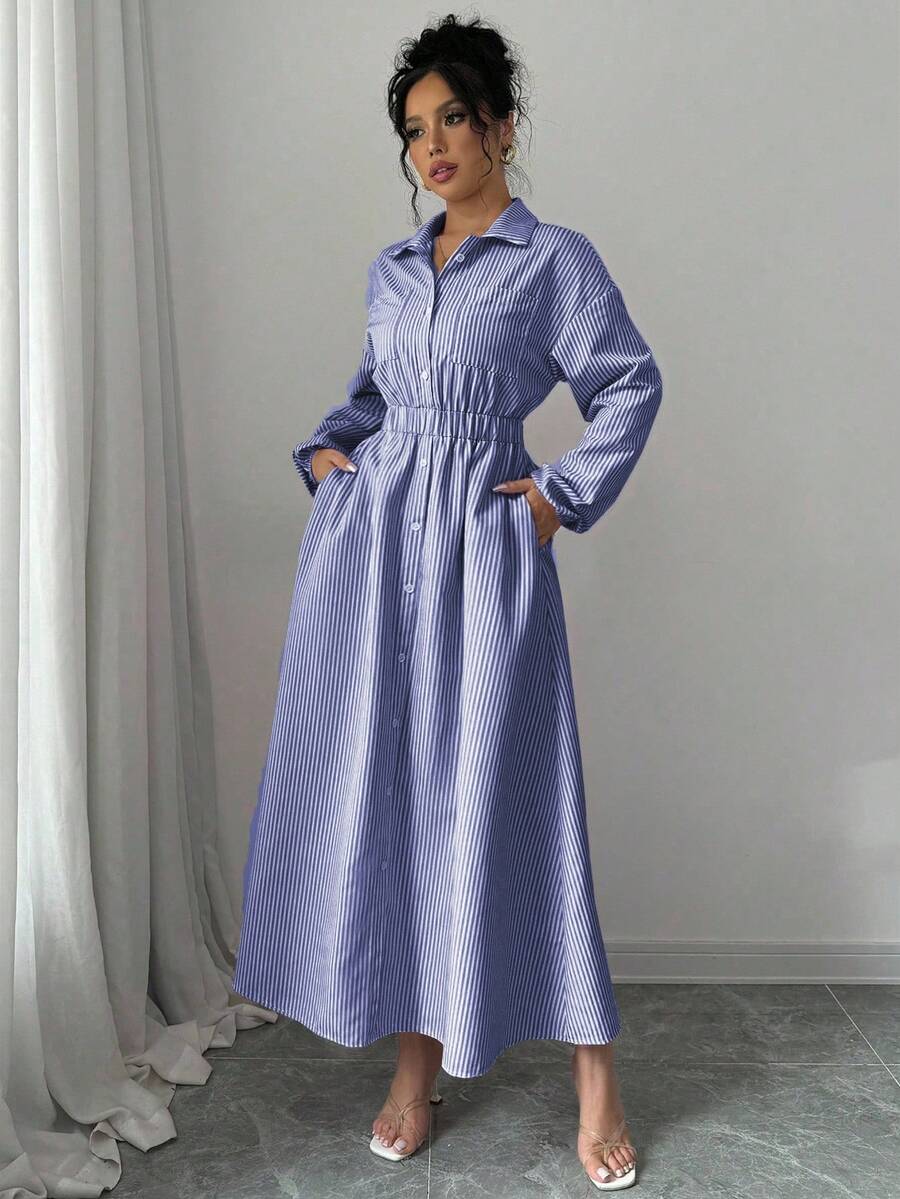 Elenzga 女士春秋季休闲条纹纽扣前开襟衬衫裙长款女装 - 藍白色 - 查看 1