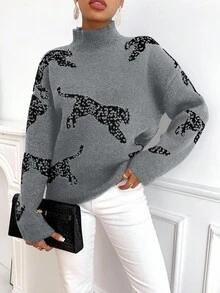 SHEIN Clasi Women's Leopard Pattern Loose Fit Drop Shoulder Stand Collar Sweater, Autumn/Winter - Grey - View 5
