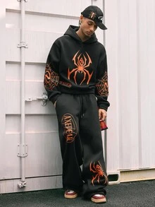 AXEPEAK طقم هوديي وبنطلون رياضي فضفاض بطبعة العنكبوت من AXEPEAK، ملابس رجالية مناسبة للخريف والشتاء