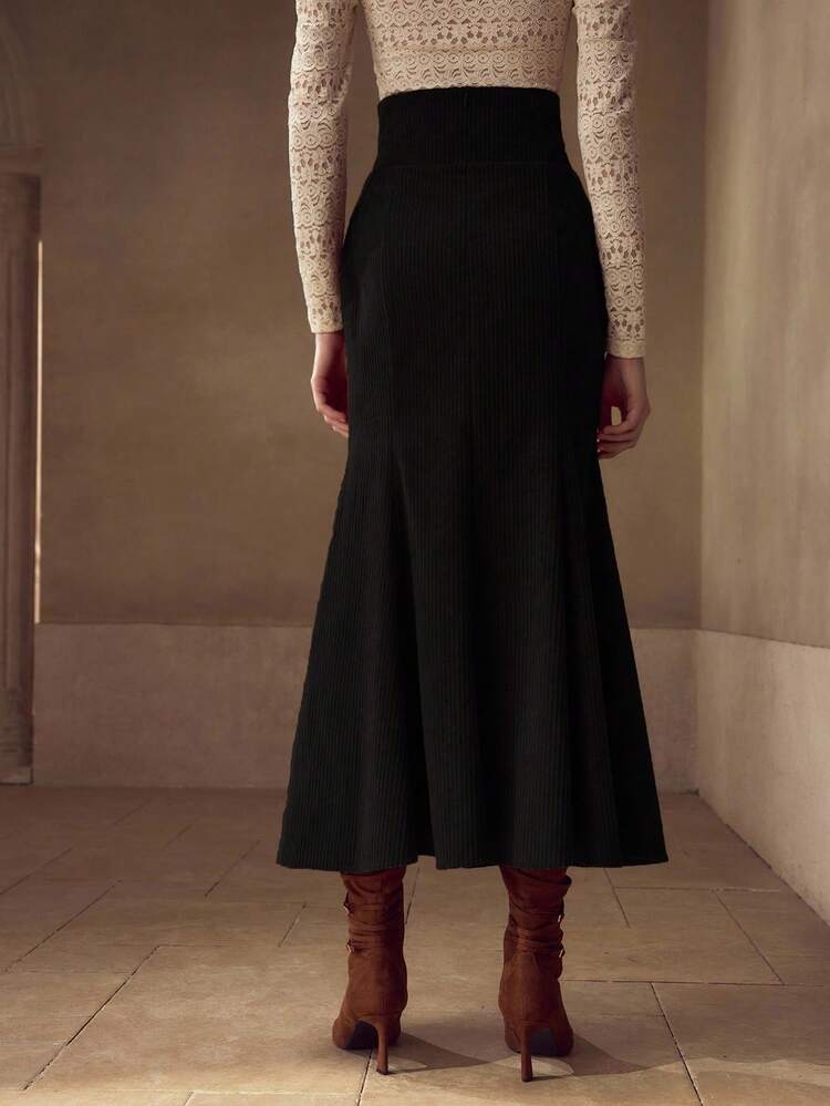 CORDUROY BUTTON DECOR BIAS CUT SKIRT