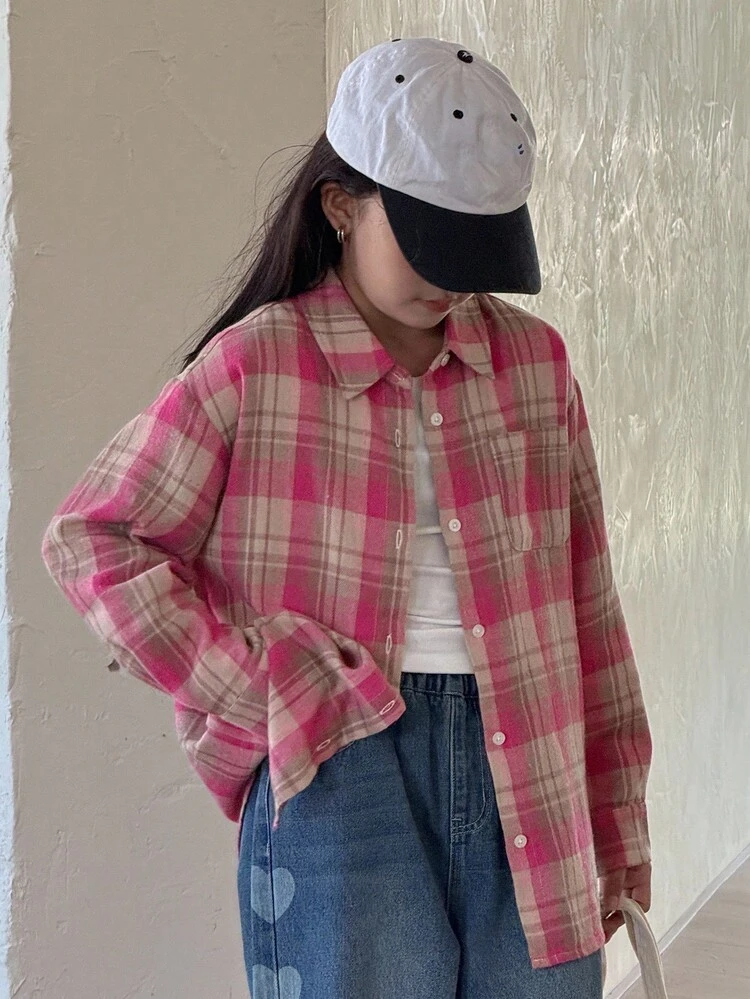 Tween Girls Plaid Collar Long Sleeve Shirt