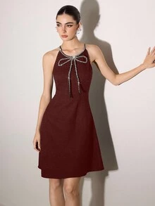 Poshira 女士蝴蝶结仿珍珠装饰吊带无袖A字连衣裙，新款修身显瘦 - 酒紅色 - 查看 5