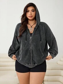 SHEIN EZwear 2025新款加大码卫衣，黑色斑点，宽松版型，带口袋，适合派对、约会、休闲、户外、居家等多种场合穿着，秋冬季拉链卫衣女休闲外套 - 黑色 - 查看 6