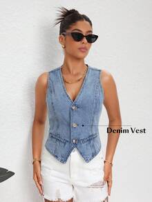 Flexra 女士休闲无袖牛仔夹克，夏季 - 深色水洗藍 - 查看 5