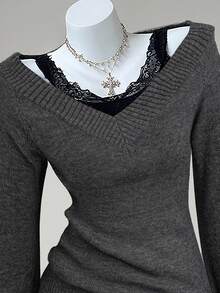 Sunspun 复古修身深V领时尚毛衣，秋冬 - 深灰色 - 查看 5