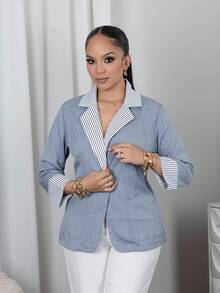 Melissa Matos Damska marynarka z długim rękawem w paski i patchworku, na co dzień i do pracy, zapinana na guziki, na jesień i zimę - Niebieski - Zobacz 1