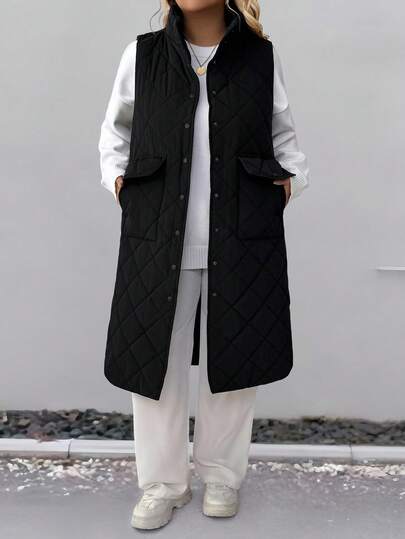 EMERY ROSE Plus Size Solid Color Front Button Pocket Casual Sleeveless Padded Coat