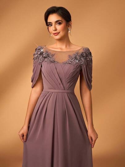 Serin Women's Elegant Chiffon Fabric Round Neck Sheer Long Sleeve Ruched Sequin Applique Micro-Mermaid Hem Dress, Suitable For Mother Of The Bride Weddings, Events, Parties, Formal Occasions, Valentine's Day