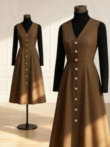 SHEIN Franclia Women's Casual Commuter Solid Color Front Button Sleeveless Dress - Coffee Brown - View 1