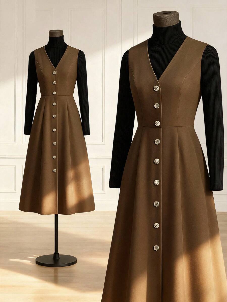 SHEIN Franclia Women's Casual Commuter Solid Color Front Button Sleeveless Dress - Coffee Brown - View 1