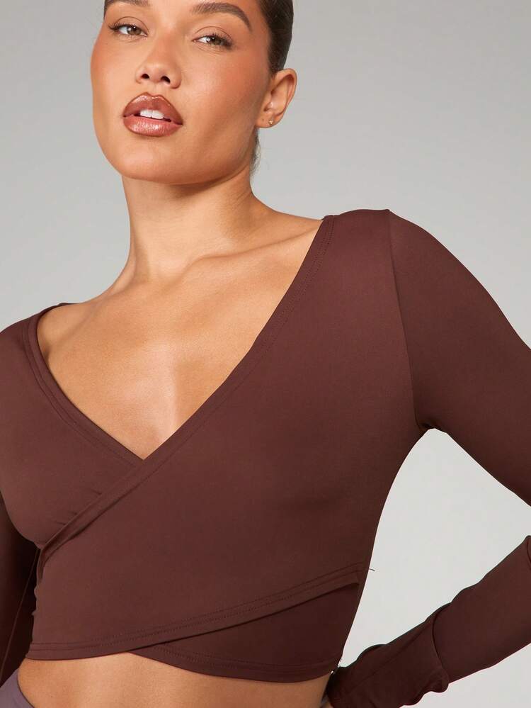 MISSGUIDED Long Sleeve Ballet Style Wrap Top Performance Cross Front Yoga Training Athletic Active Wear Cross Over Crop Top