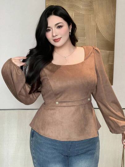 Dazy Plus Plus Size Women Square Collar Elegant Cinched Waist Long Sleeve Blouse