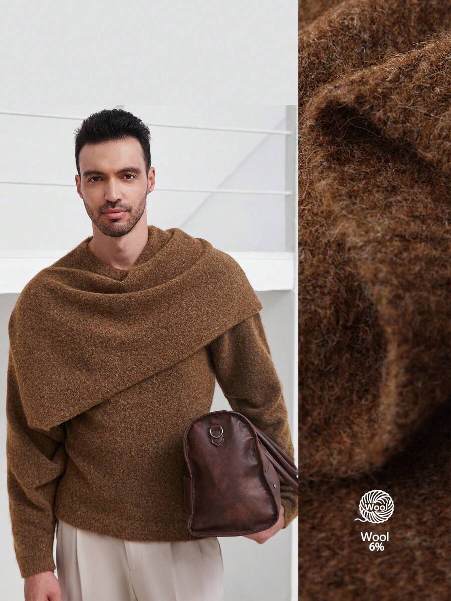 Manfinity CityGents Men's Retro Design Knit Sweater, Fashionable For Autumn/Winter, Long Sleeve Top - Brown - View 1