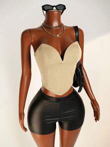 VaVaBold Women Solid Color Asymmetric Hem Bandeau Sexy Top - Apricot - View 3