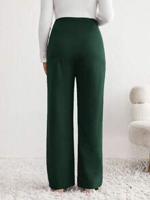 SHEIN Maternity Solid Color Adjustable Waist Button Design Wide Leg Casual Pants - Dark Green - View 2