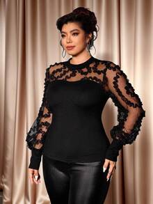 Elenzga Christmas Embrace Your Inner Shadow | Dark Feminine Fashion (Wednesday Aesthetic) Plus Size Fashionable Stand Collar Long Sleeve Elastic Knit Mesh Patchwork Luxurious Elegant Sexy Party Blouse, Slimming - Black - View 1